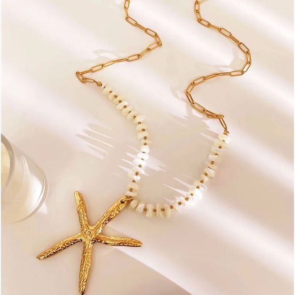 Gold Starfish Shell Necklace – Natural Seashell Beads - Picture 2 of 5